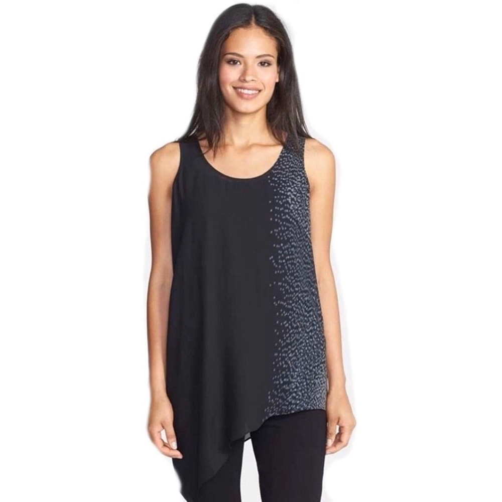 Eileen Fisher 100% Silk Black and Grey Tunic Top L